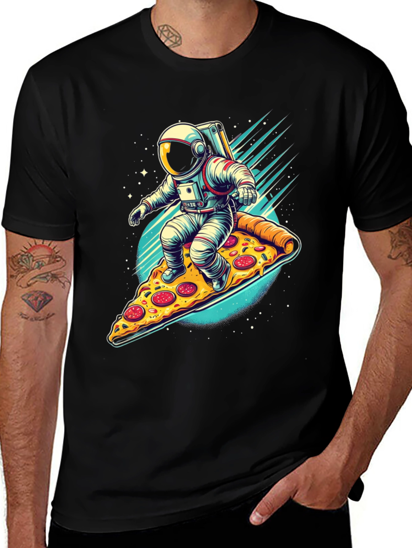 Astronaut Pizza Surfer Graphic T-Shirt