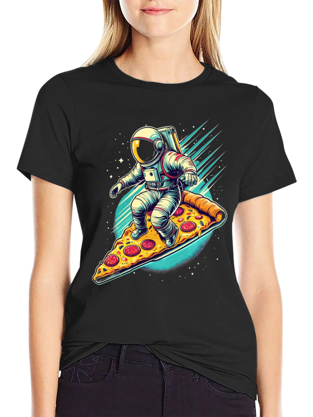 Astronaut Pizza Surfer Graphic T-Shirt