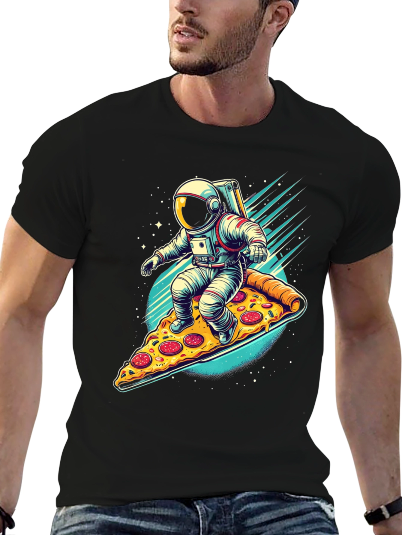Astronaut Pizza Surfer Graphic T-Shirt