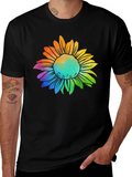 Rainbow Sunflower Graphic Tee - Black Cotton T-Shirt
