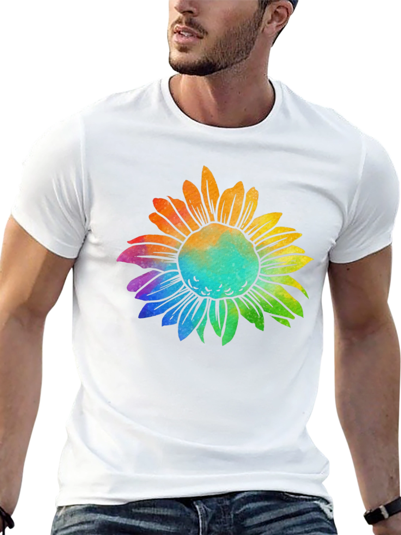 Rainbow Sunflower Graphic Tee - Black Cotton T-Shirt