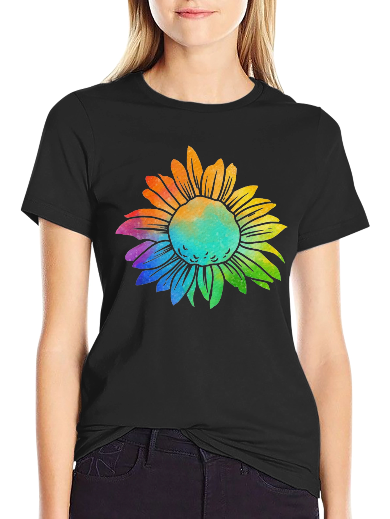 Rainbow Sunflower Graphic Tee - Black Cotton T-Shirt
