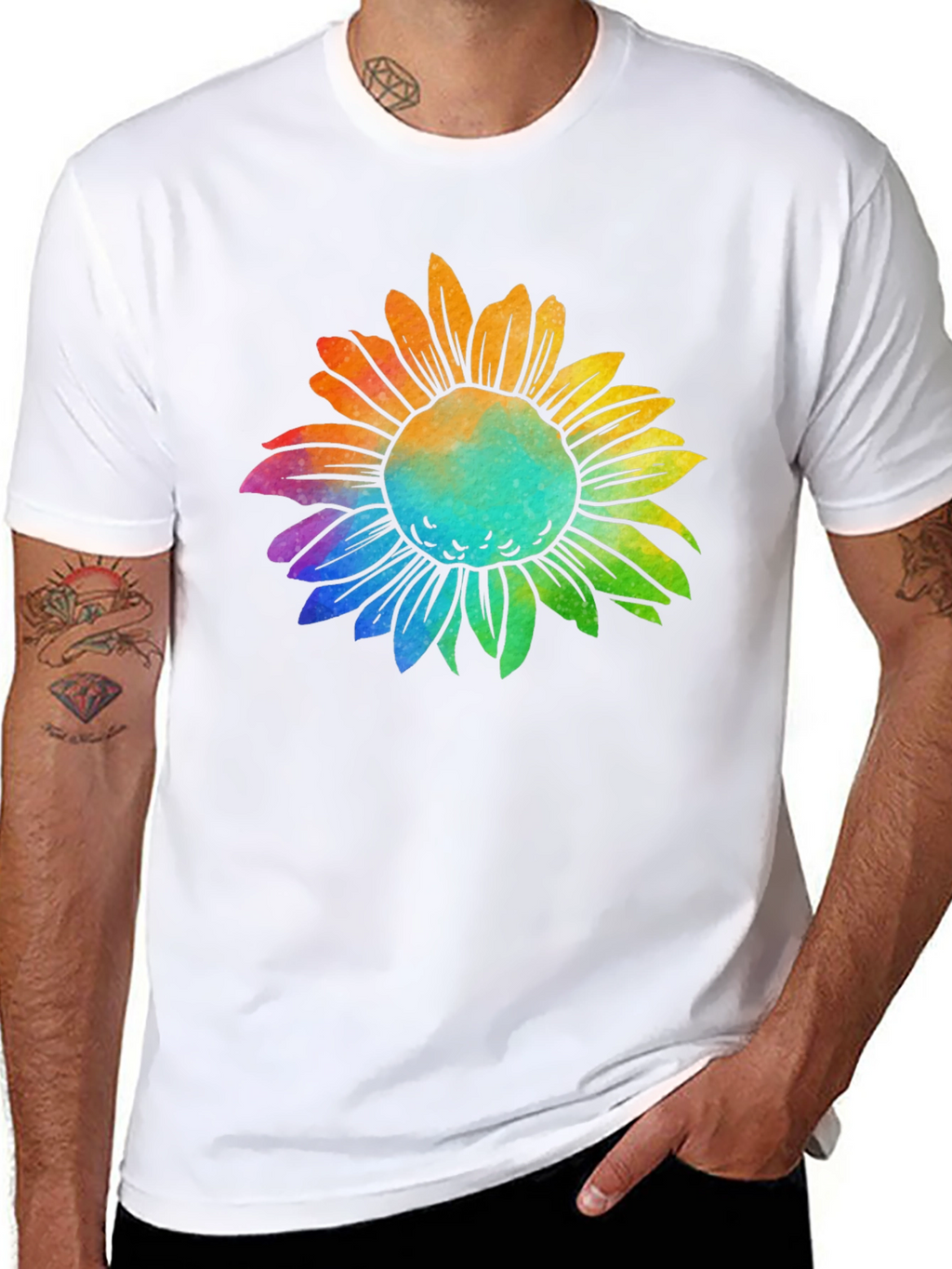 Rainbow Sunflower Graphic Tee - Black Cotton T-Shirt