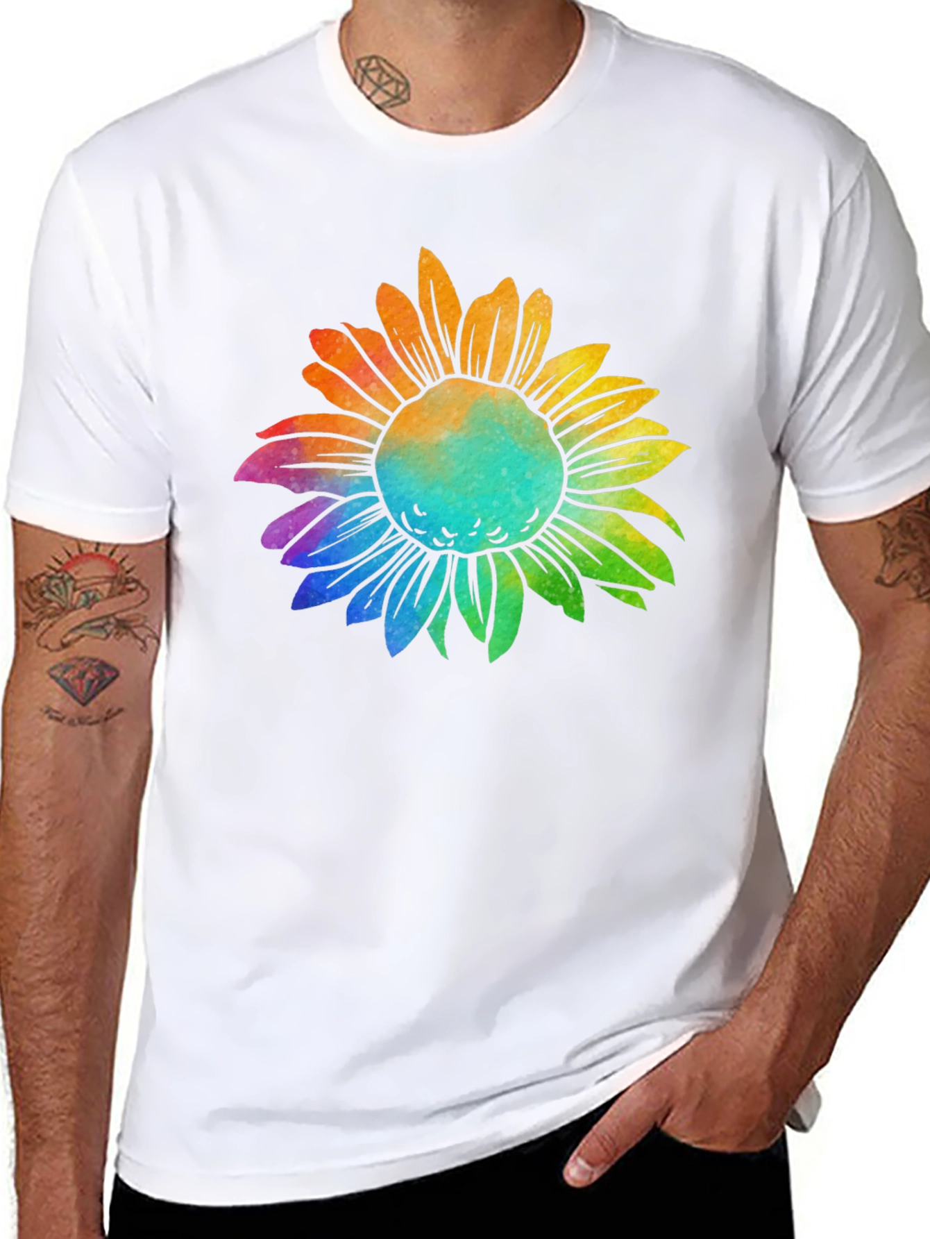 Rainbow Sunflower Graphic Tee - Black Cotton T-Shirt