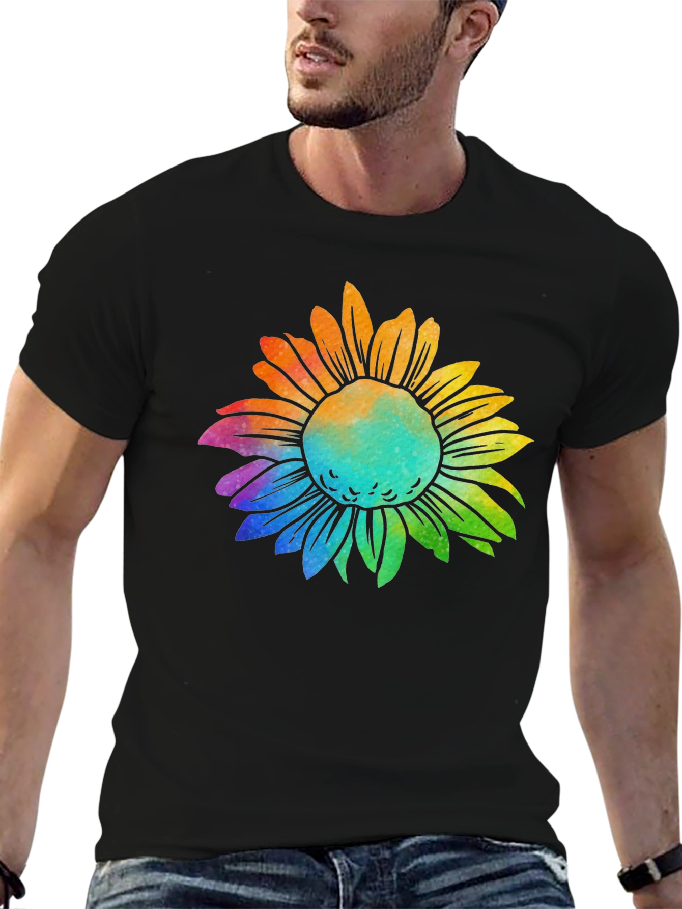 Rainbow Sunflower Graphic Tee - Black Cotton T-Shirt