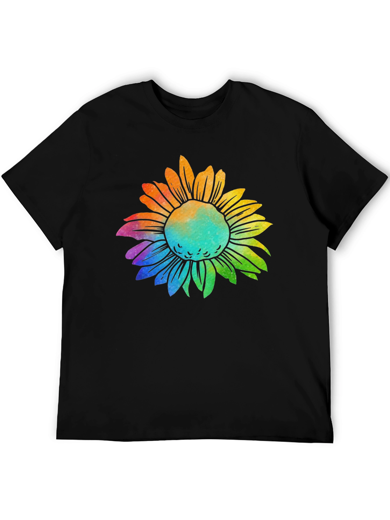 Rainbow Sunflower Graphic Tee - Black Cotton T-Shirt