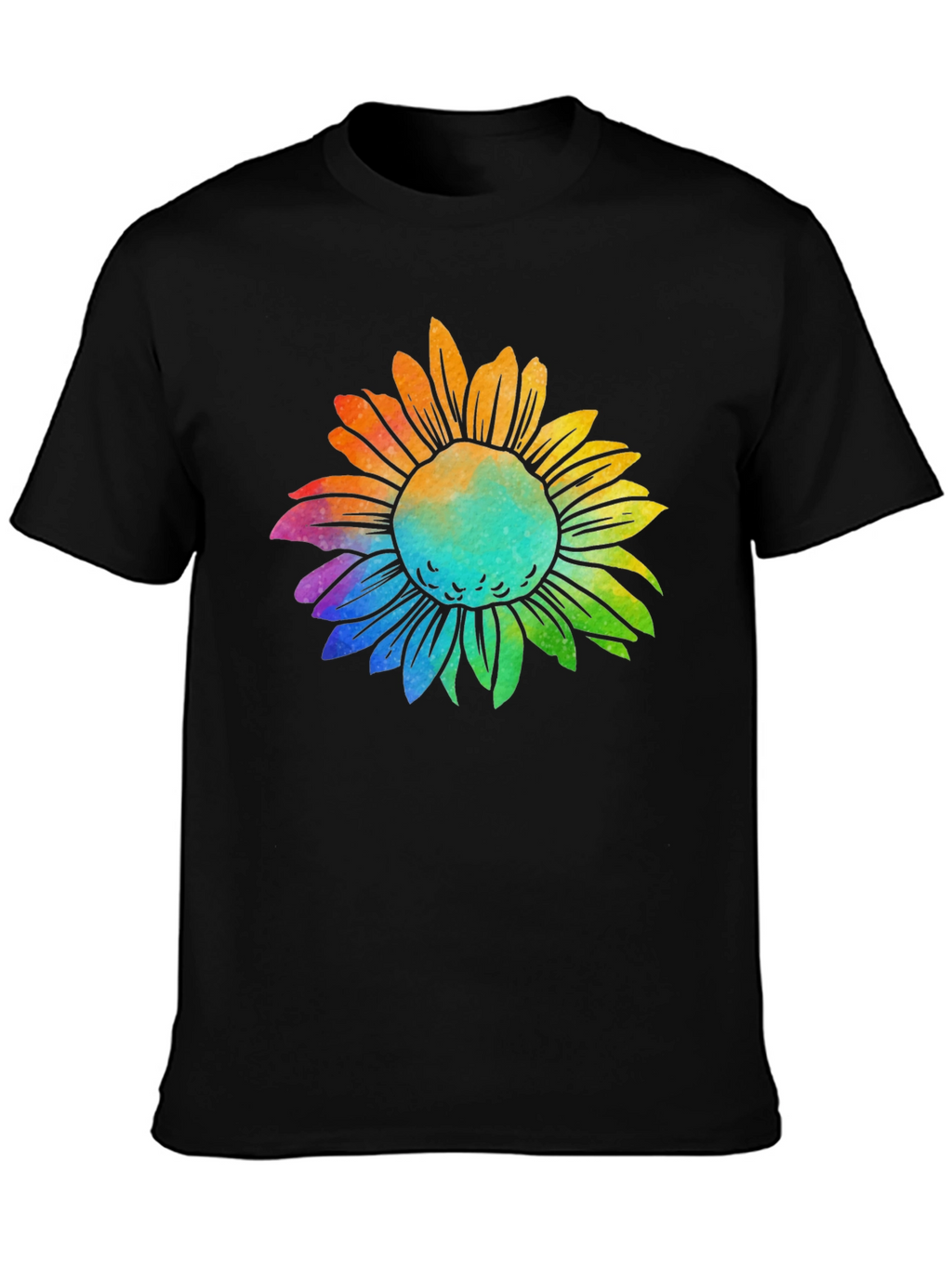 Rainbow Sunflower Graphic Tee - Black Cotton T-Shirt