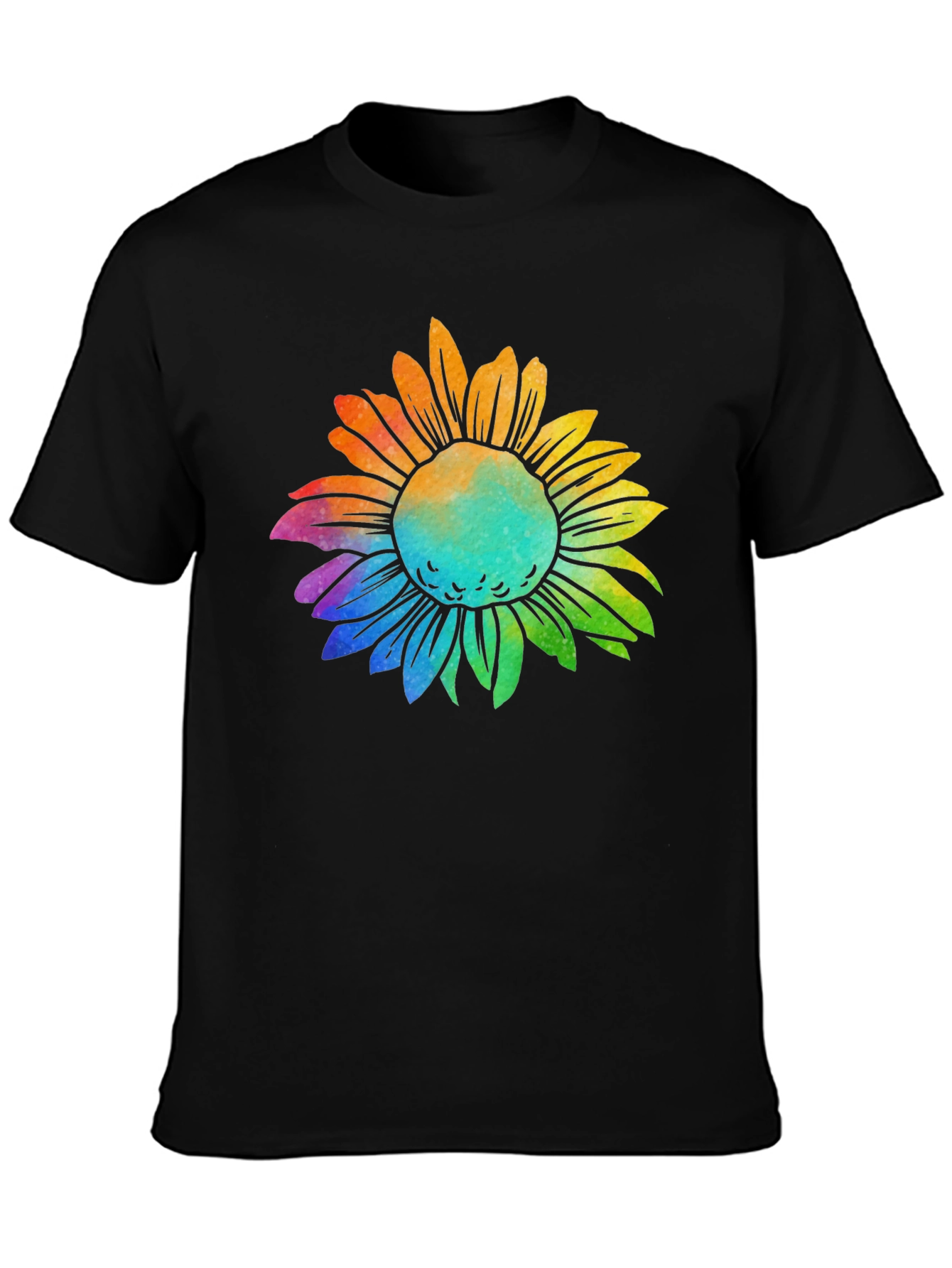 Rainbow Sunflower Graphic Tee - Black Cotton T-Shirt