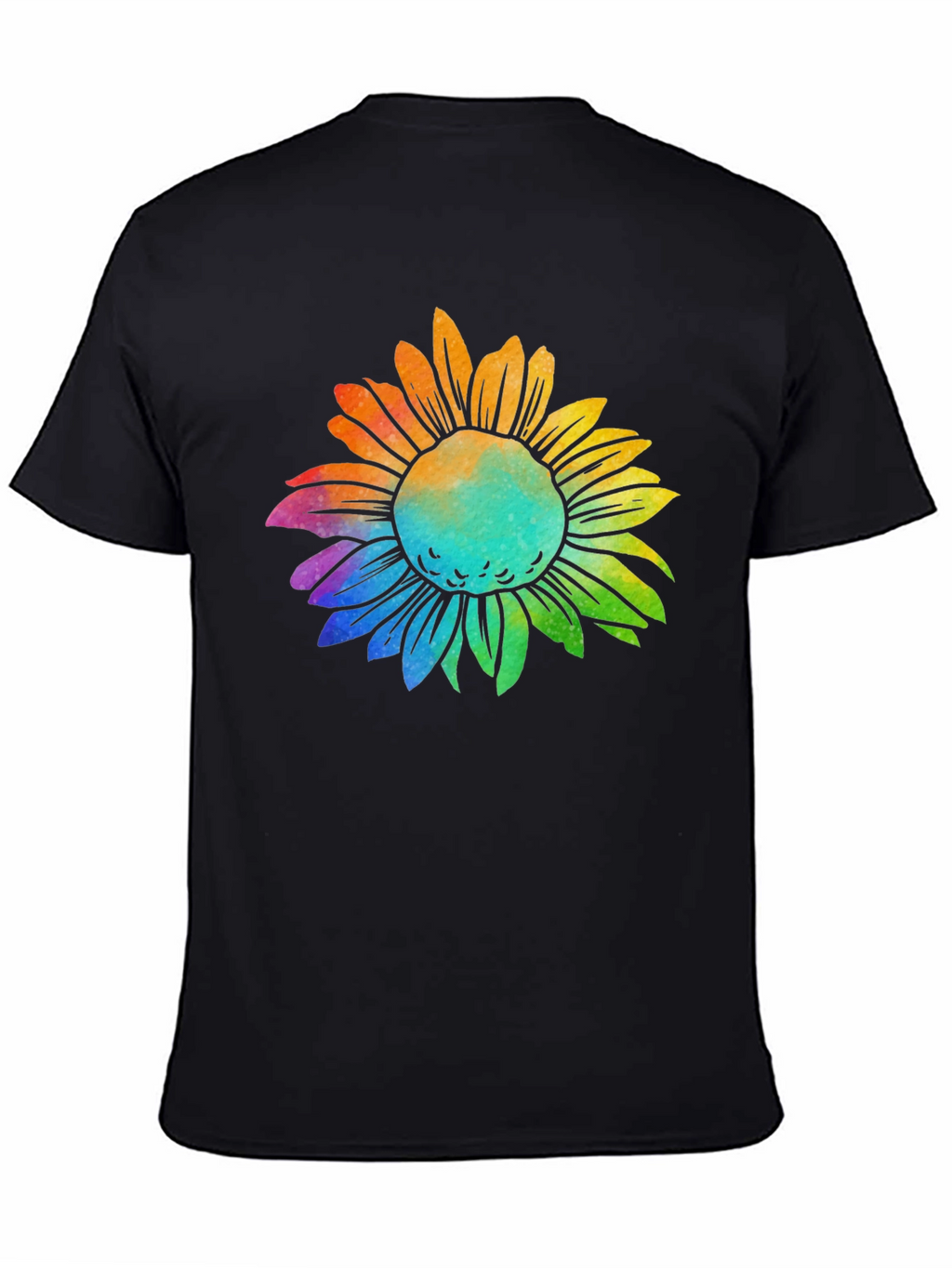 Rainbow Sunflower Graphic Tee - Black Cotton T-Shirt