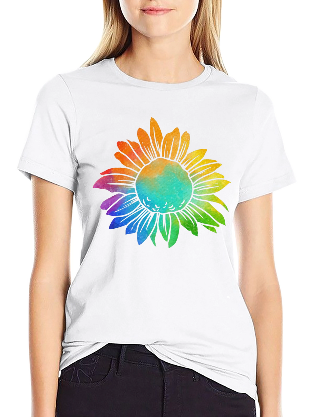 Rainbow Sunflower Graphic Tee - Black Cotton T-Shirt
