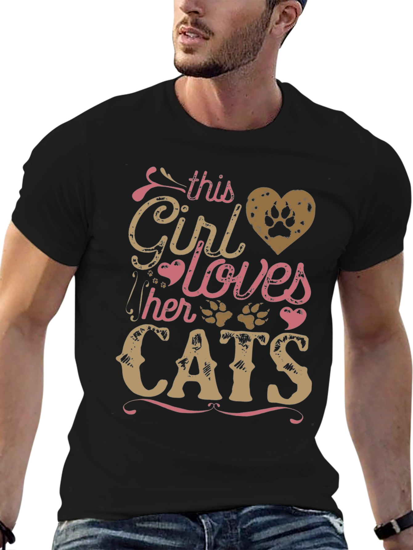 Girl Loves Cats Black T-Shirt Paw Print
