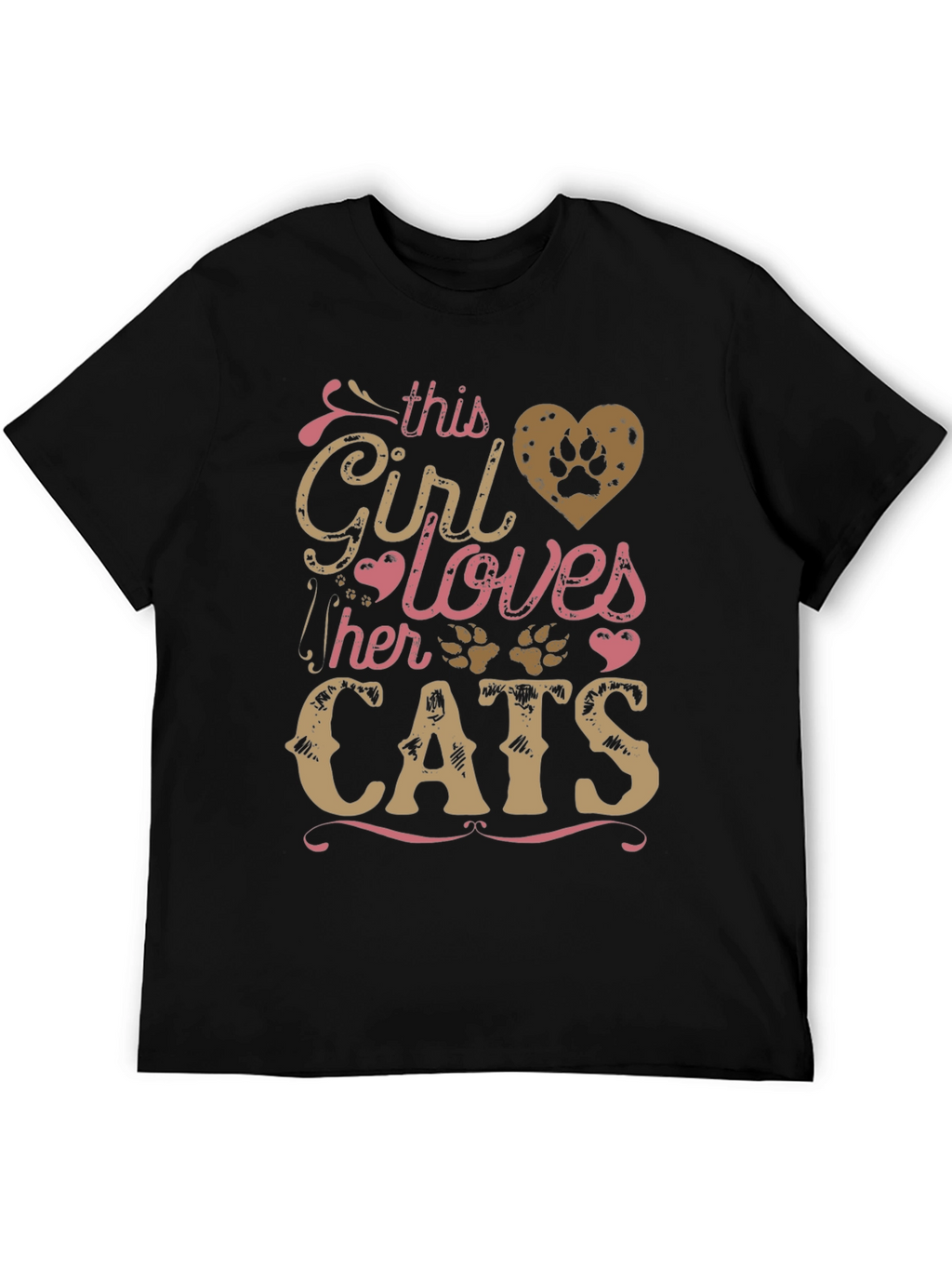 Girl Loves Cats Black T-Shirt Paw Print