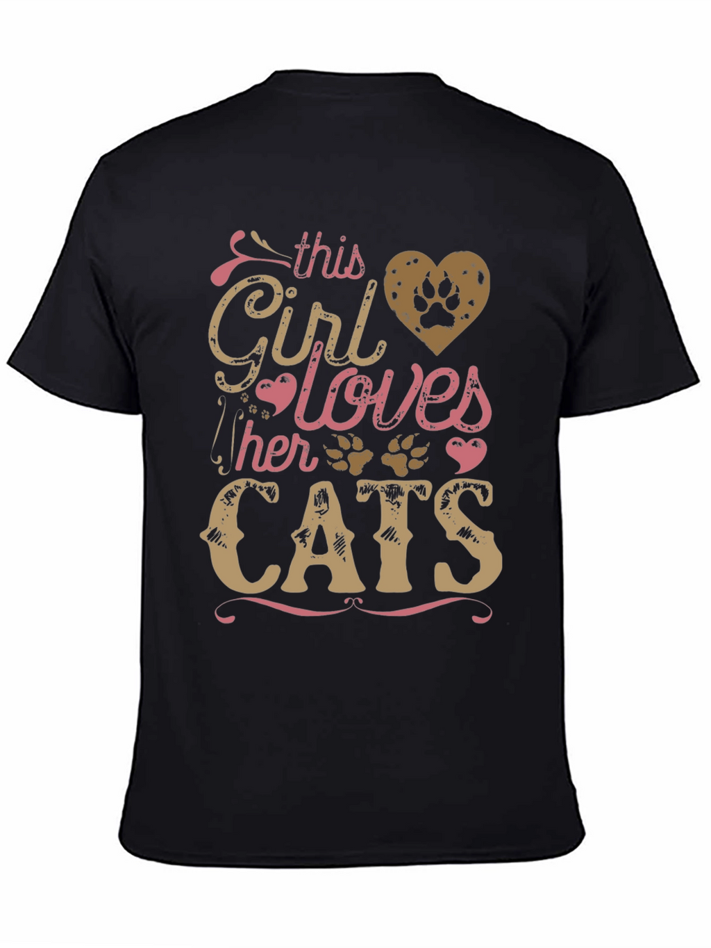 Girl Loves Cats Black T-Shirt Paw Print