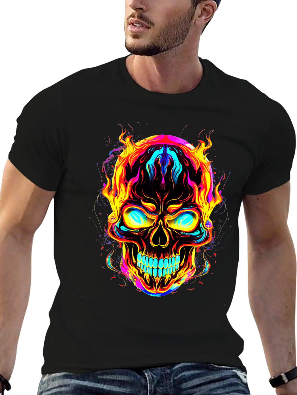 Flaming Skull Graphic Tee - Bold Black T-Shirt