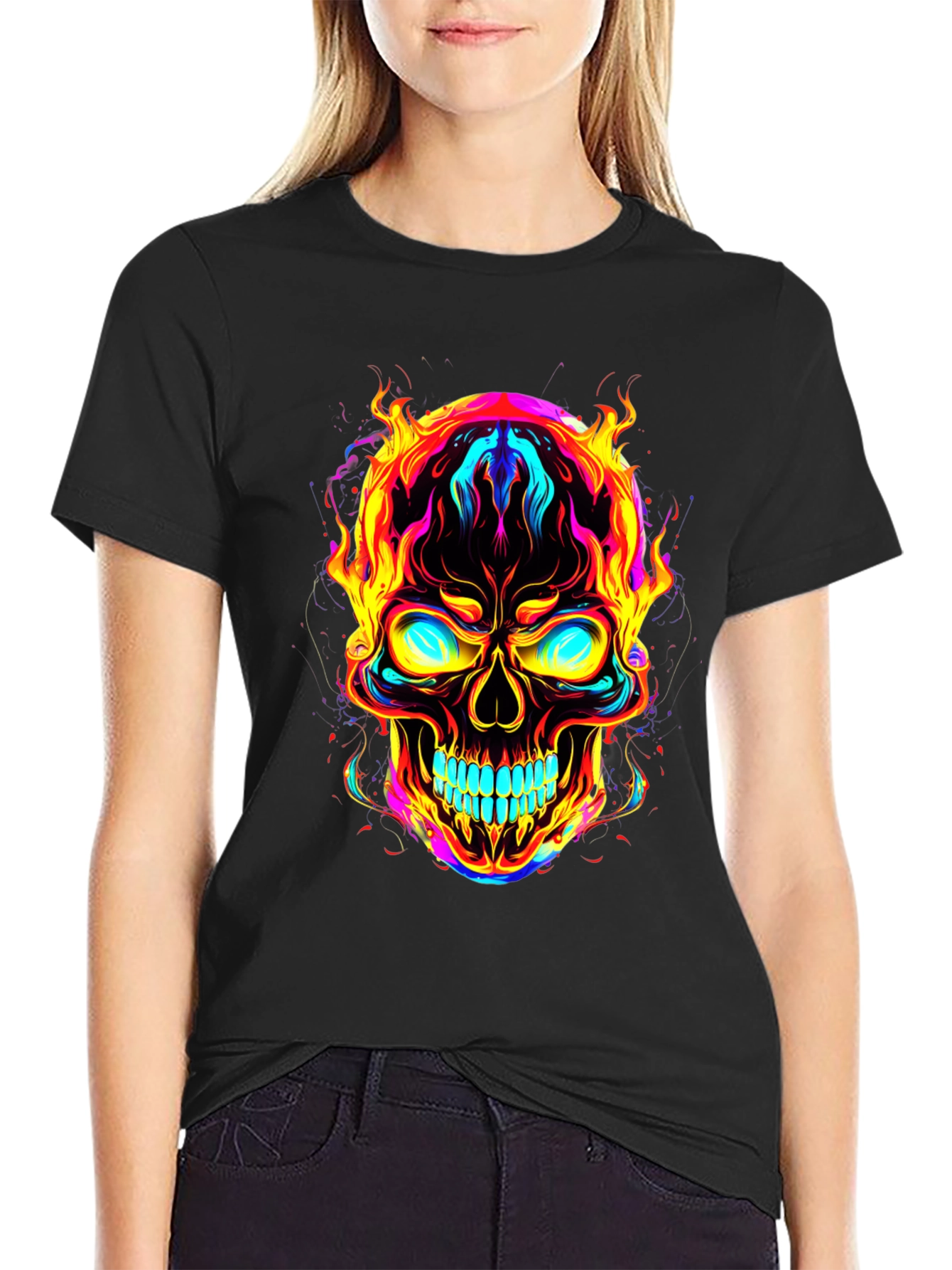 Flaming Skull Graphic Tee - Bold Black T-Shirt