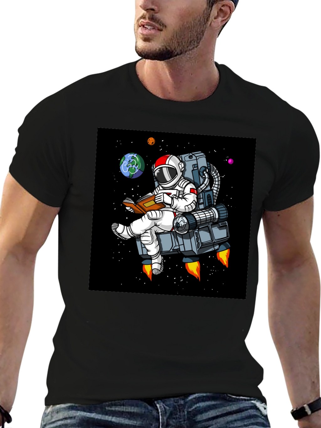 Astronaut Reading in Space T-Shirt - Black