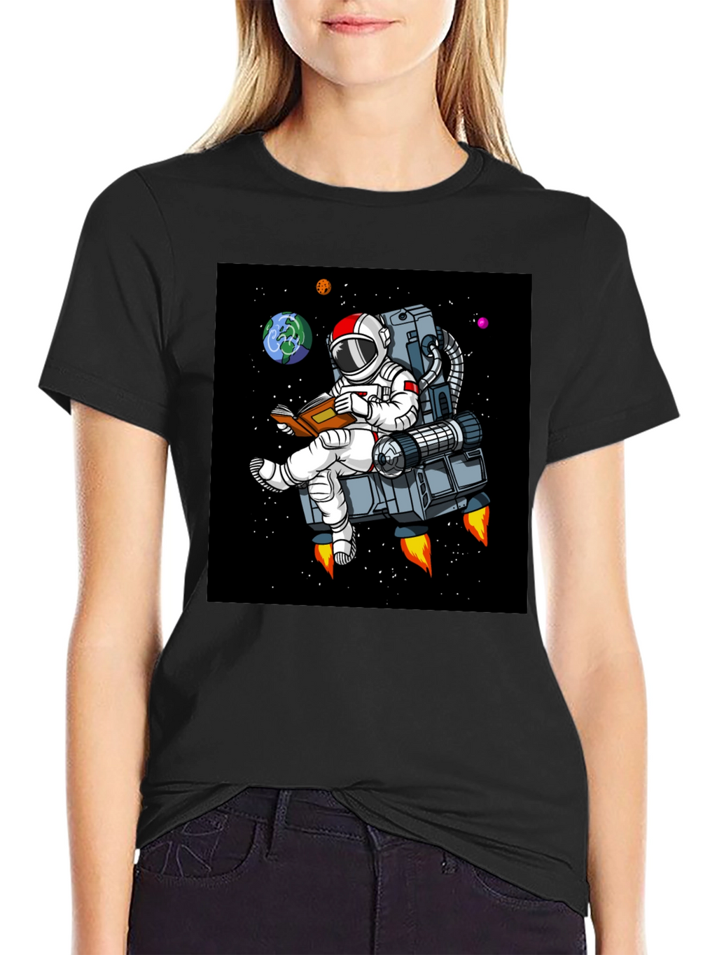 Astronaut Reading in Space T-Shirt - Black