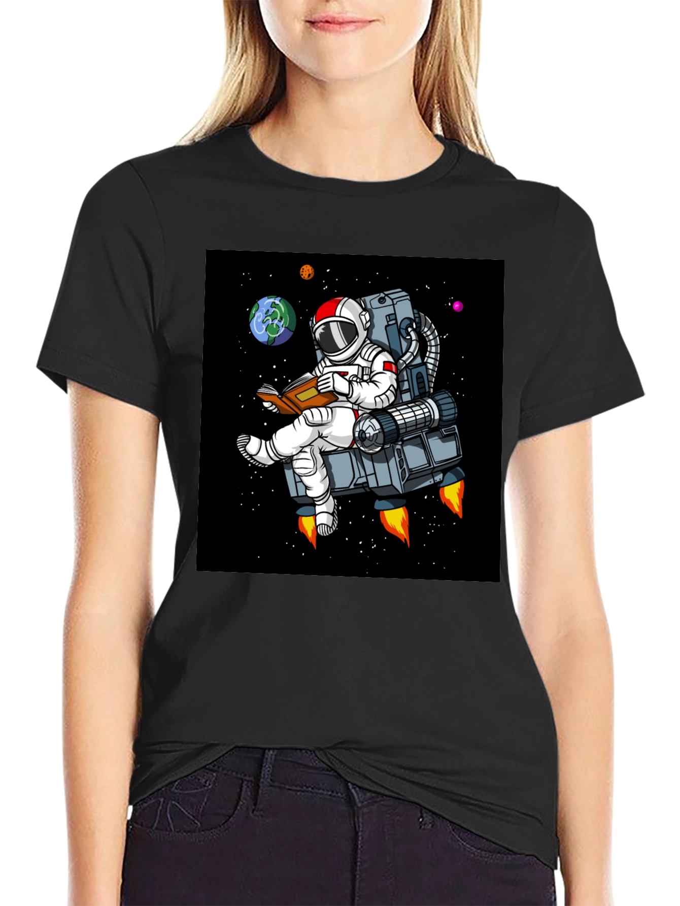 Astronaut Reading in Space T-Shirt - Black