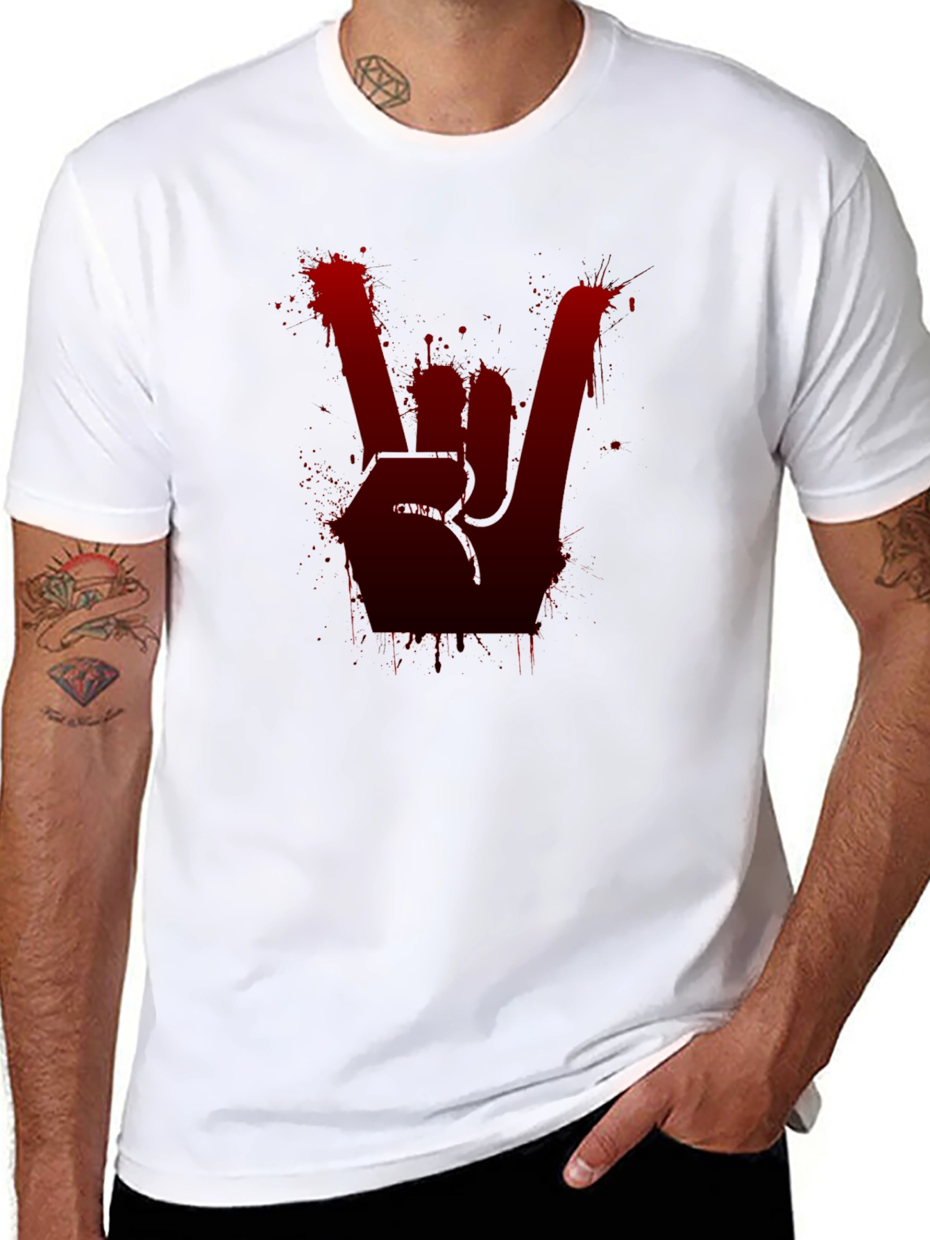 Rock On Black Tee - Blood Splatter Hand Sign