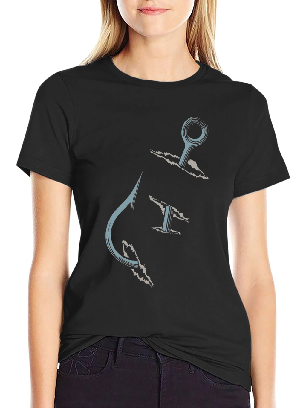 Fishing Hook Graphic Tee - Casual Black T-Shirt