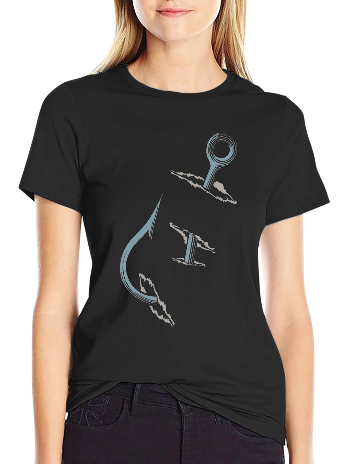 Fishing Hook Graphic Tee - Casual Black T-Shirt