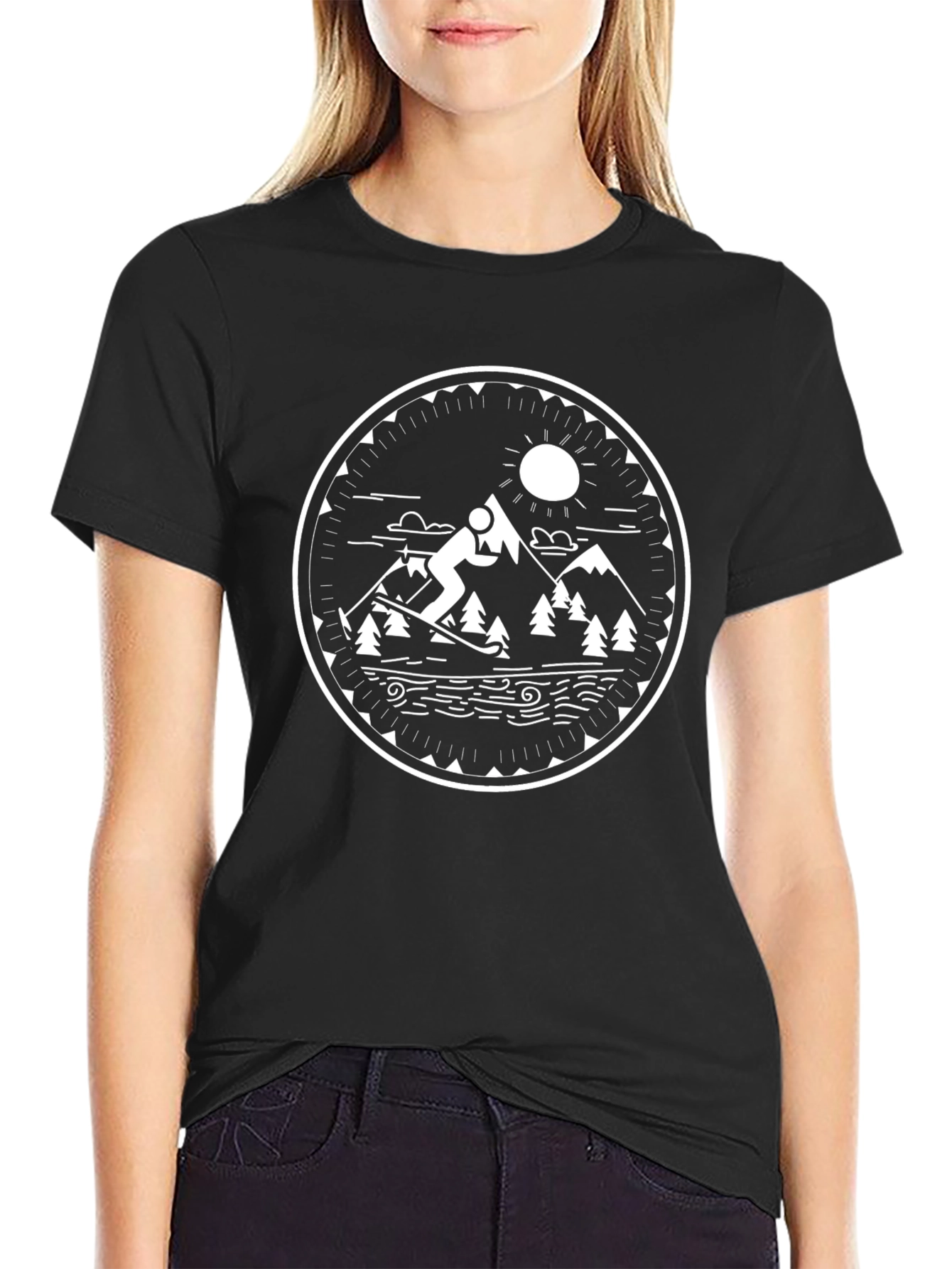 Mountain Ski Scene Graphic Tee - Black