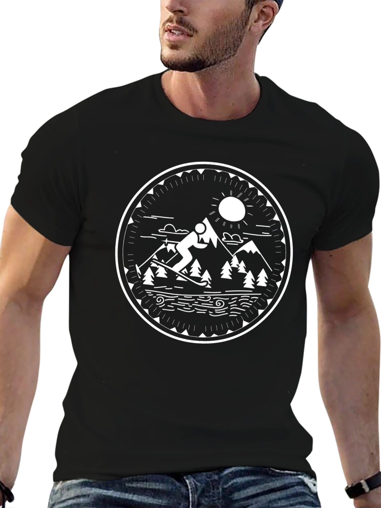 Mountain Ski Scene Graphic Tee - Black