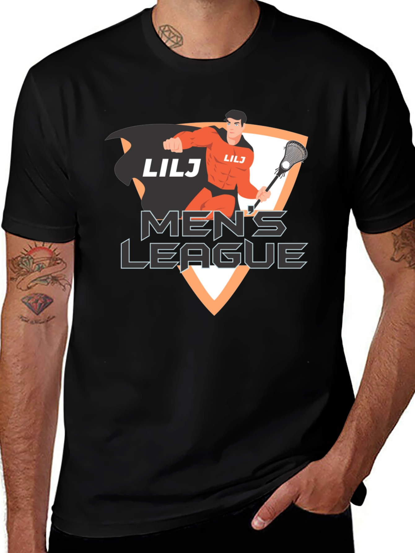 Mens League Lacrosse Superhero Black T-Shirt