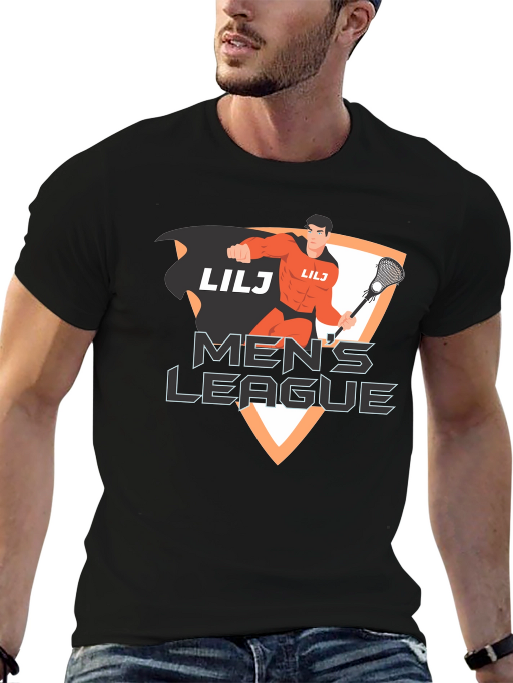 Mens League Lacrosse Superhero Black T-Shirt