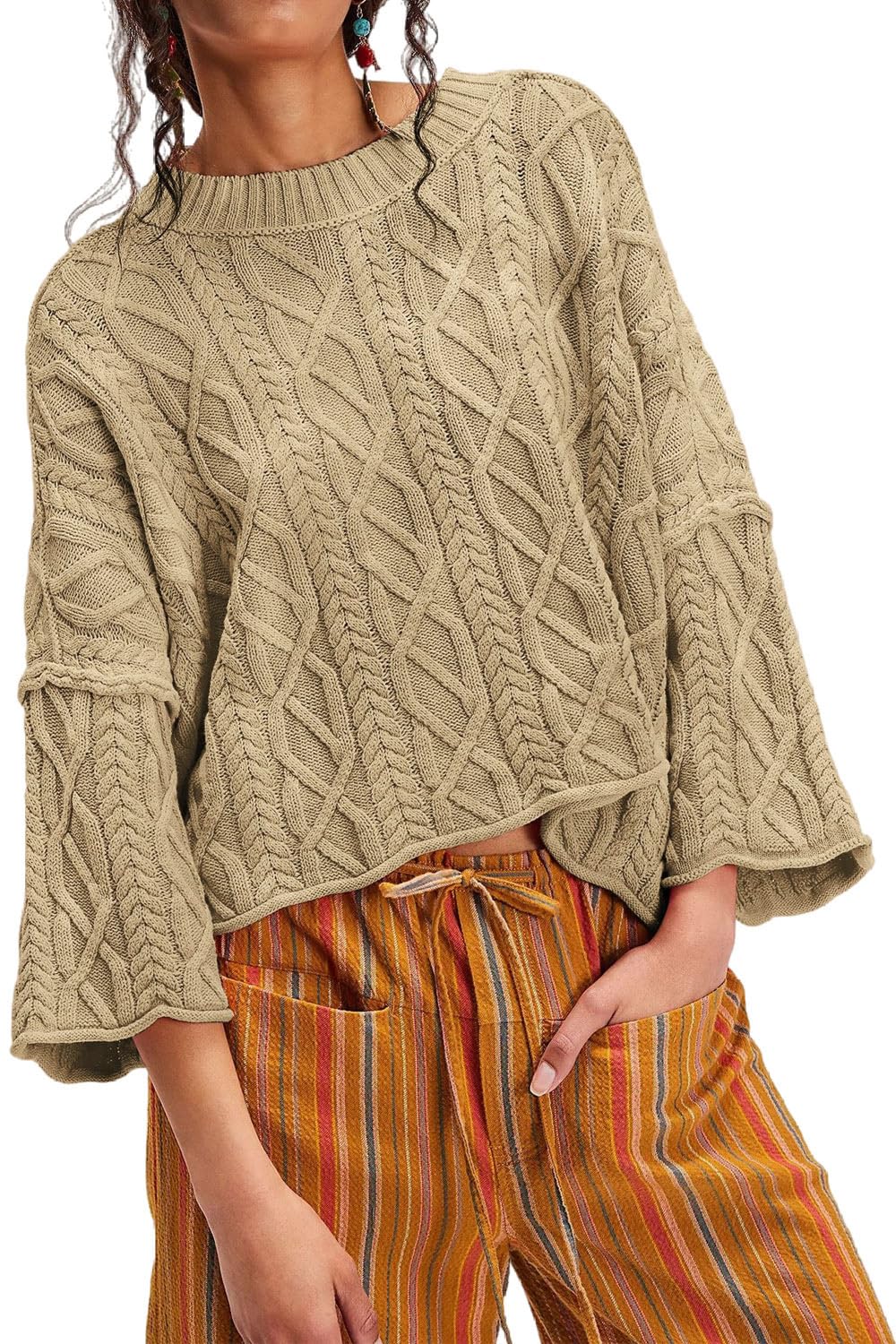Women's Cropped Cable Knit Sweater Oversized Long Sleeve Pullover