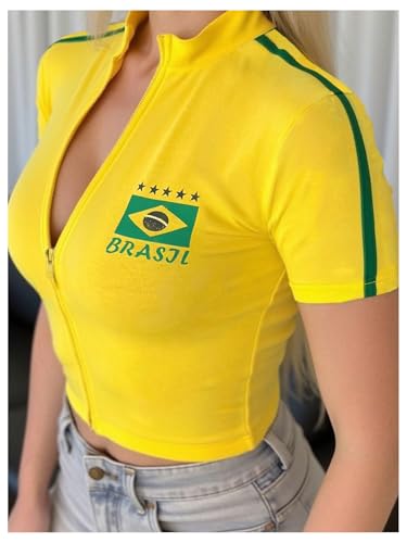Women's Brazil Soccer Jersey Zip Up Crop Top Short Sleeve Summer Tee