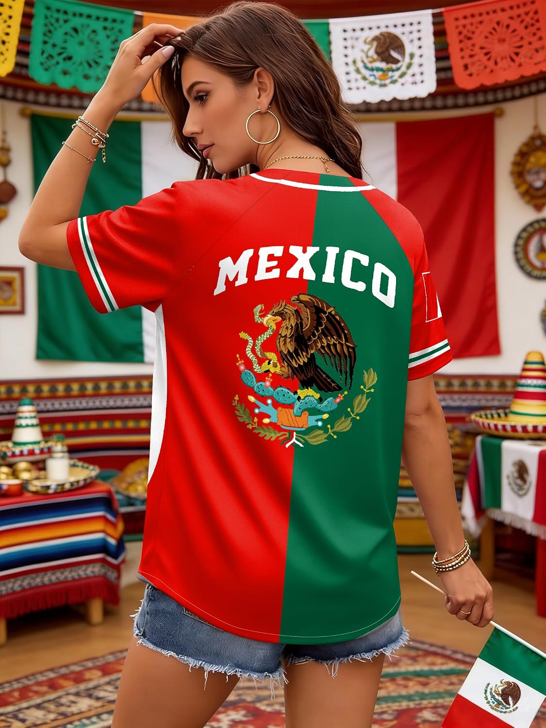 Women's Mexico Soccer Jersey - Mexican Flag Graphic Button Down Top