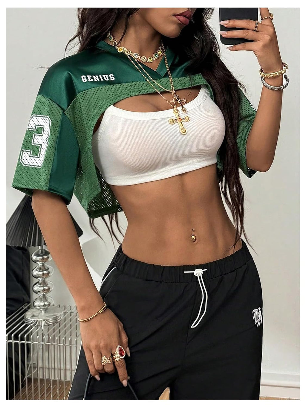 Women's Y2K Oversized Crop Top Mesh Spliced Satin Drop Shoulder Jersey Shirt