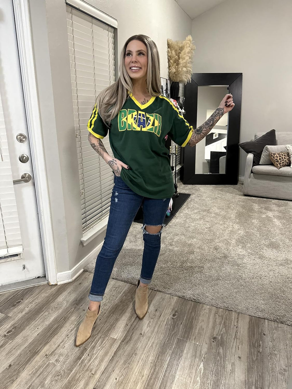 Brazil Soccer Jersey Y2K V-Neck Short Sleeve Tee for Women