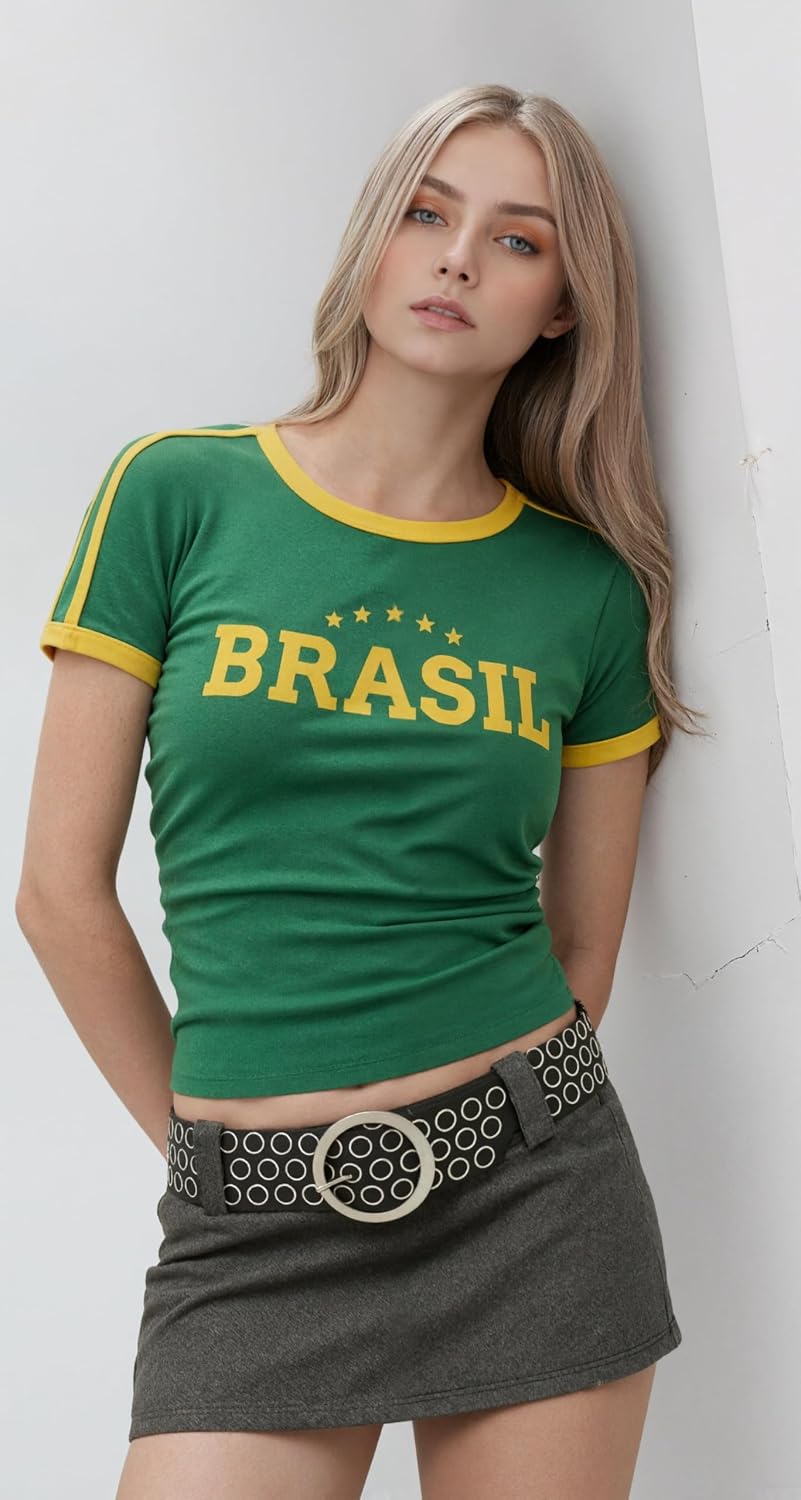 Brazil Flag Embroidered Crop Top for Women Slim Fit Soccer Jersey