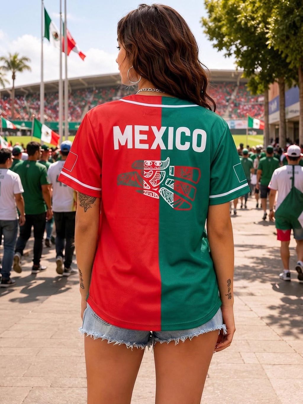 Mexico Soccer Jersey for Women - Mexican Flag Graphic Tee, Short Sleeve Button Down Top