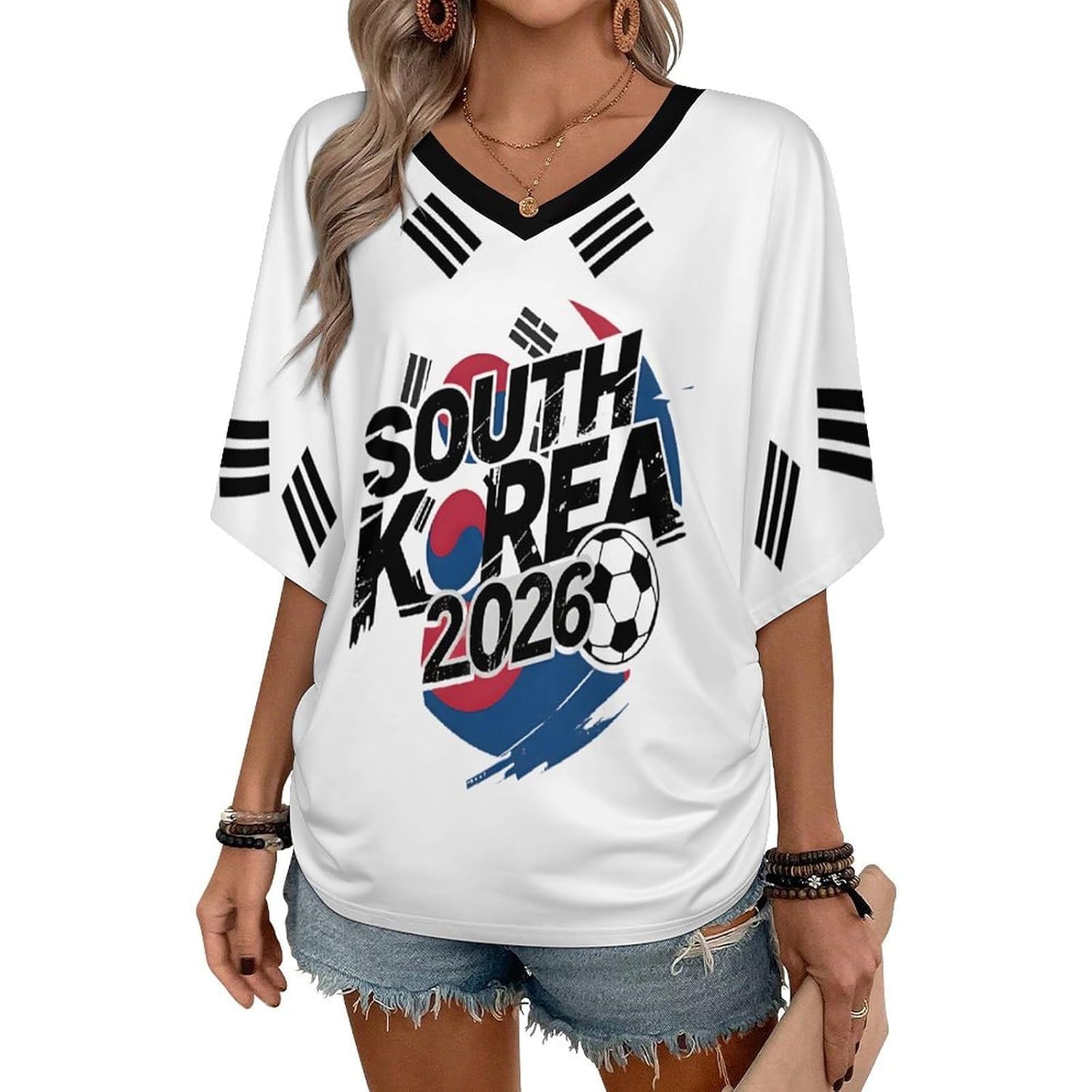 Women's V-Neck Soccer Jersey T-Shirt, Loose Fit Short Sleeve Novelty Print