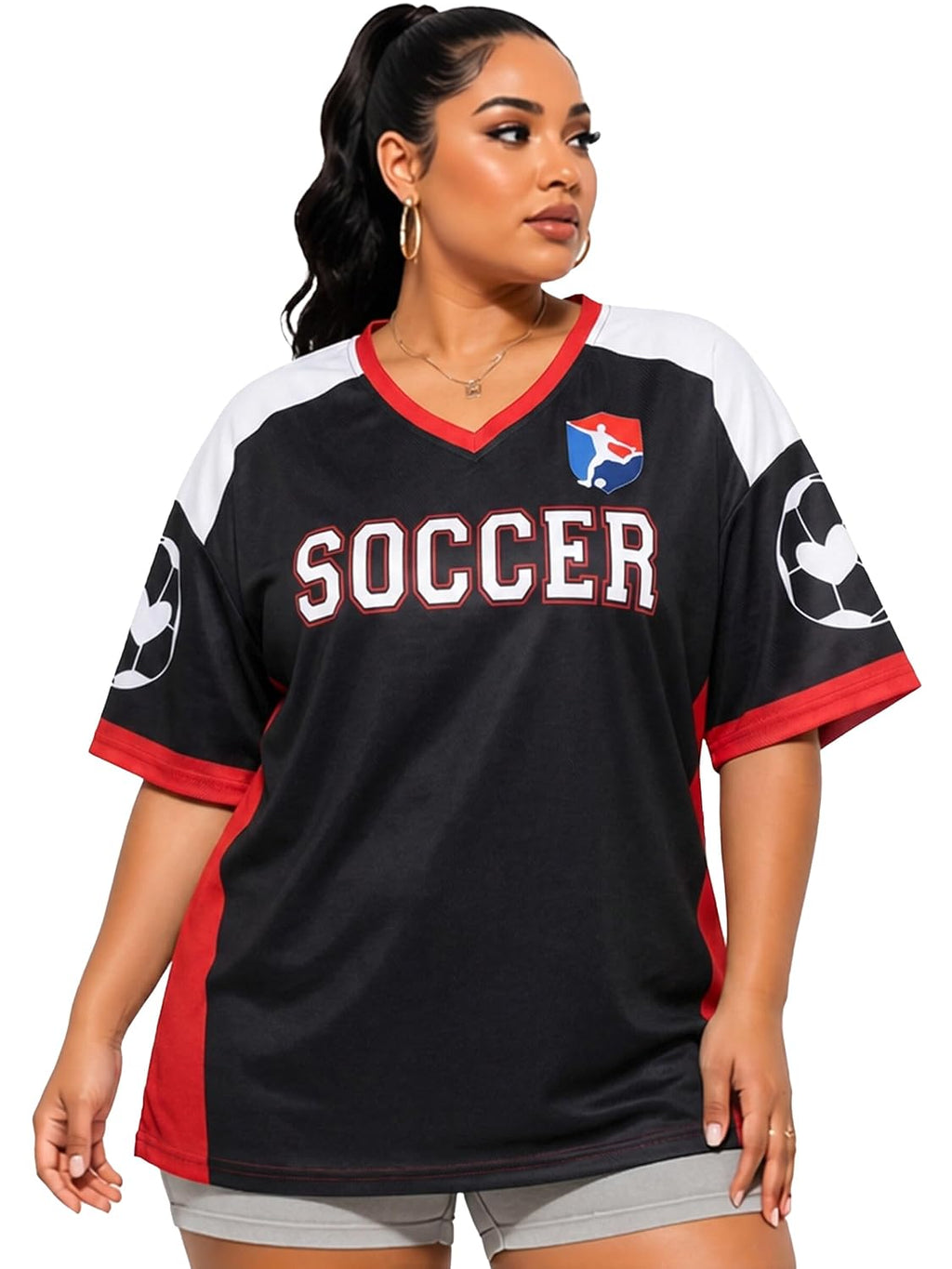 Plus Size Women Soccer Jersey Oversized V-Neck Tee