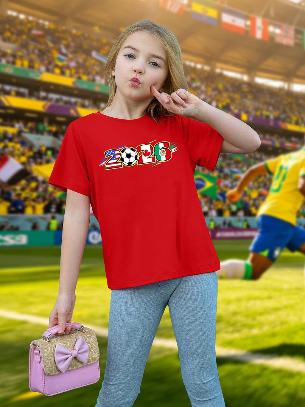 Kids Soccer T-Shirt USA Canada Mexico Flags Graphic Short Sleeve Tee