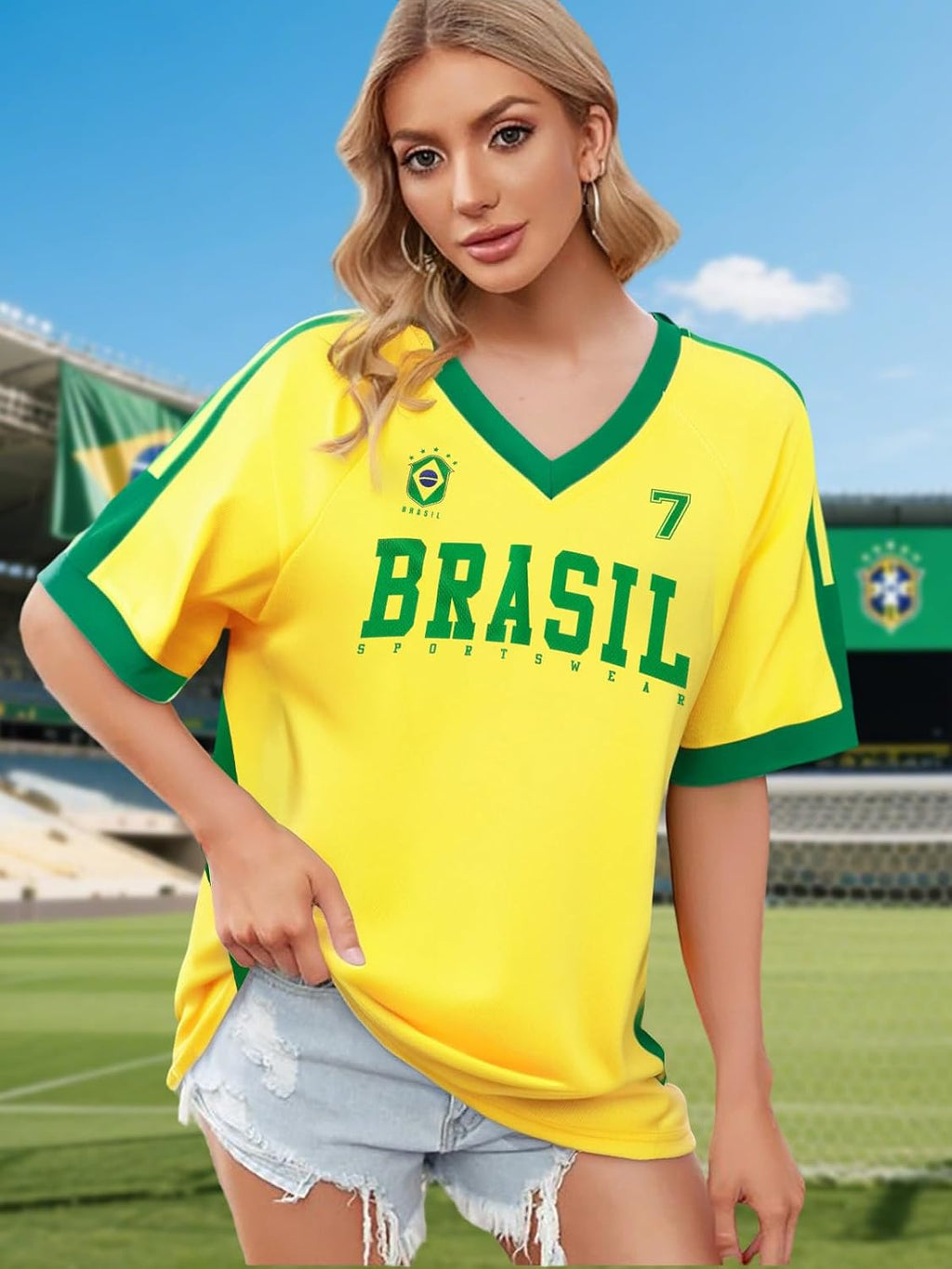 Women's Y2K V-Neck Soccer Jersey Top - Brazil Mexico USA Fan Tee