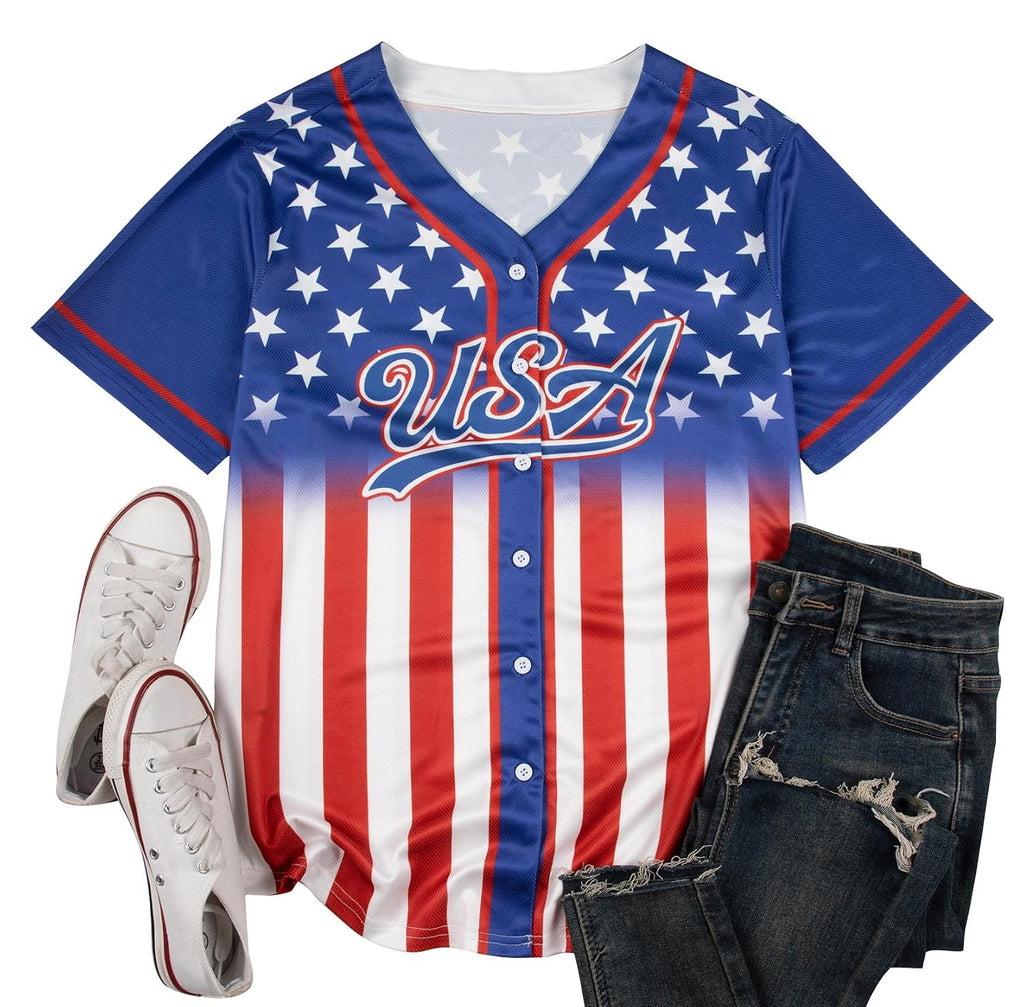 Women's USA Soccer Jersey - Patriotic 4th of July Button Down Shirt