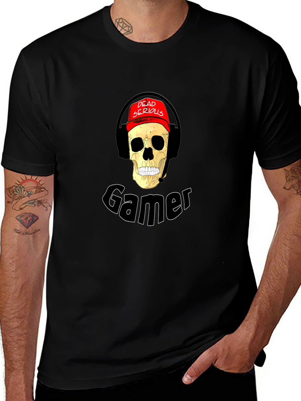 Dead Serious Gamer Skull Graphic Tee - Black