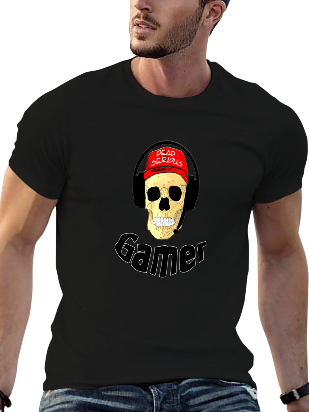 Dead Serious Gamer Skull Graphic Tee - Black