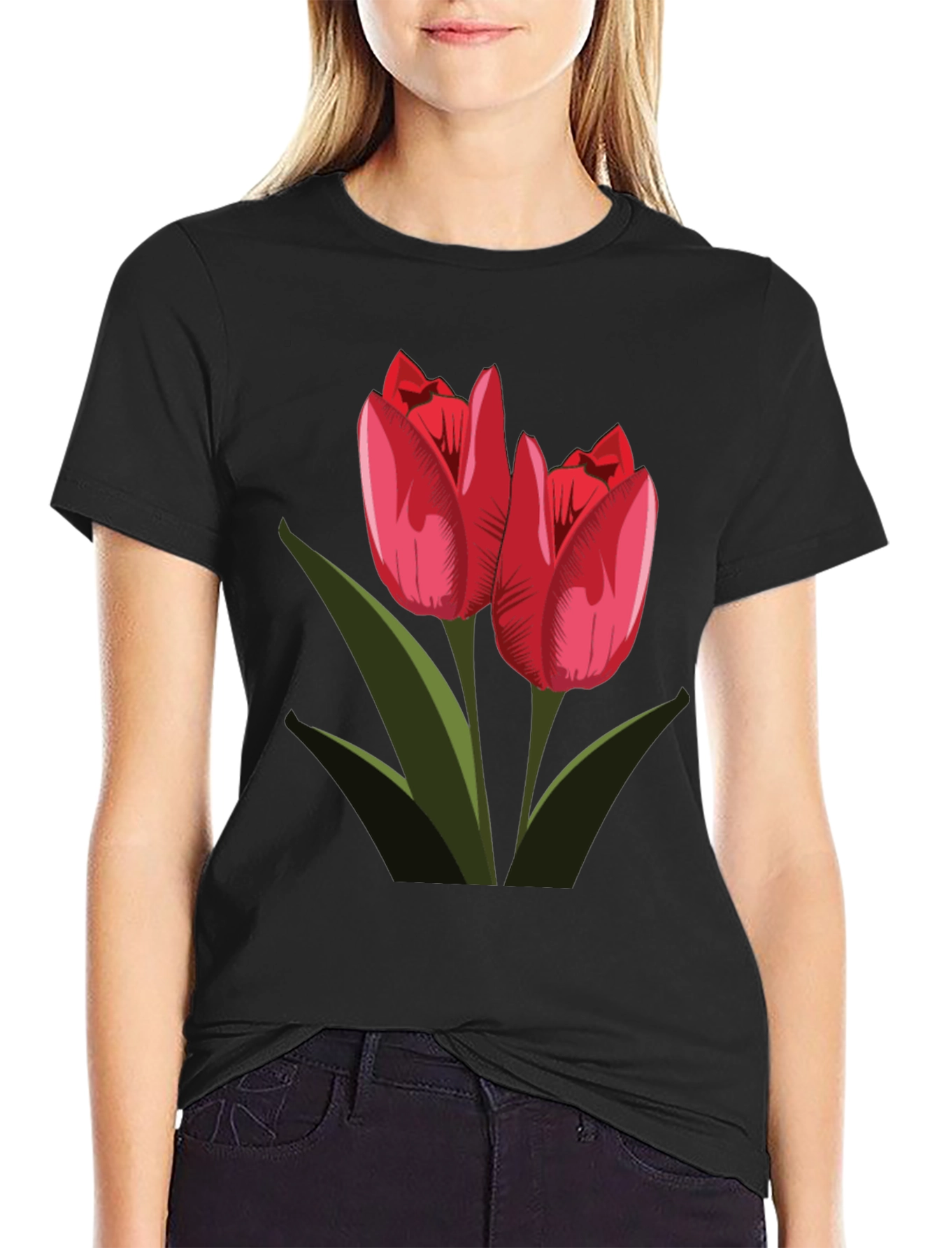 Tulip Graphic Tee - Stylish Black T-Shirt for Flower Lovers