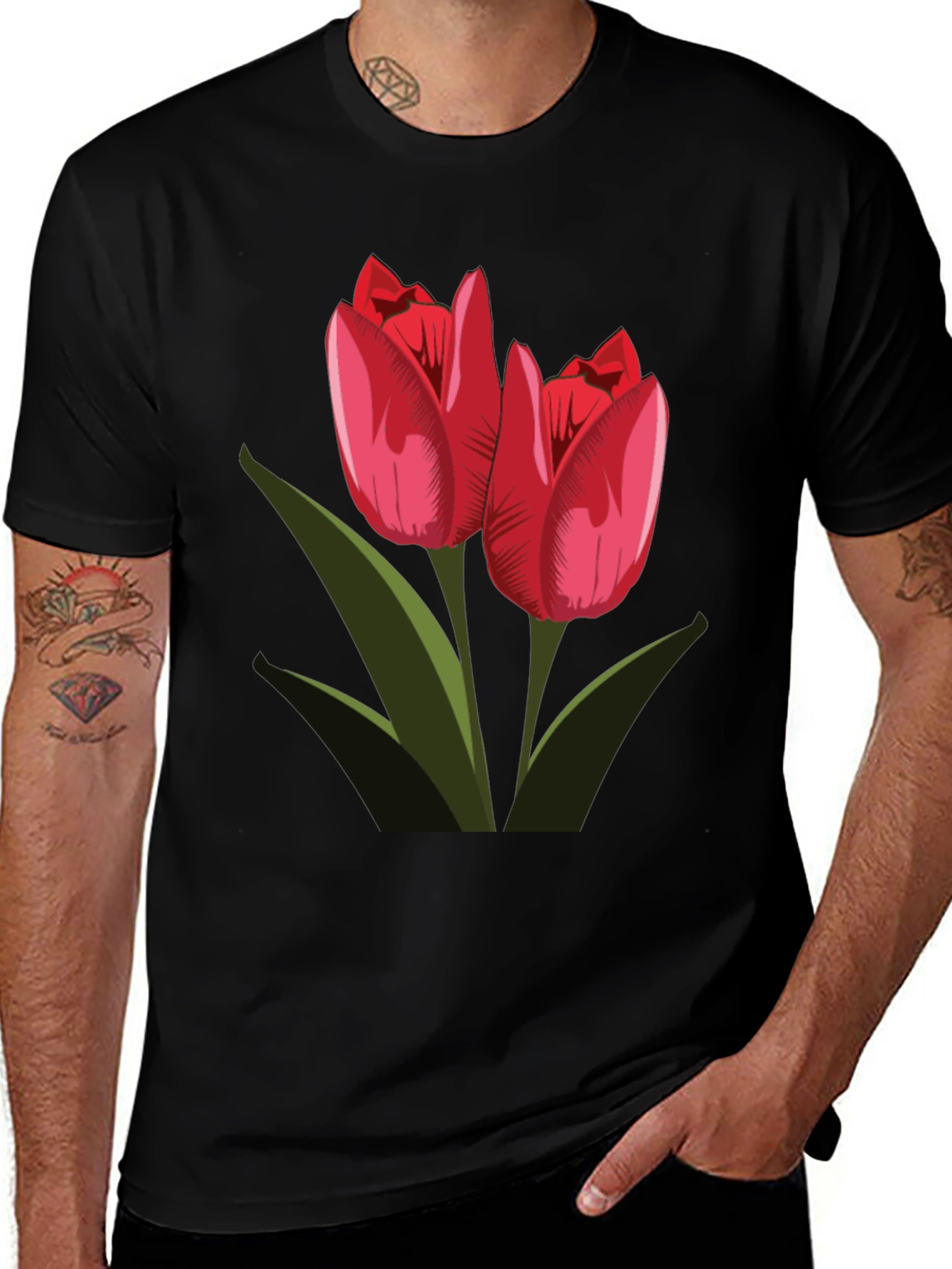 Tulip Graphic Tee - Stylish Black T-Shirt for Flower Lovers