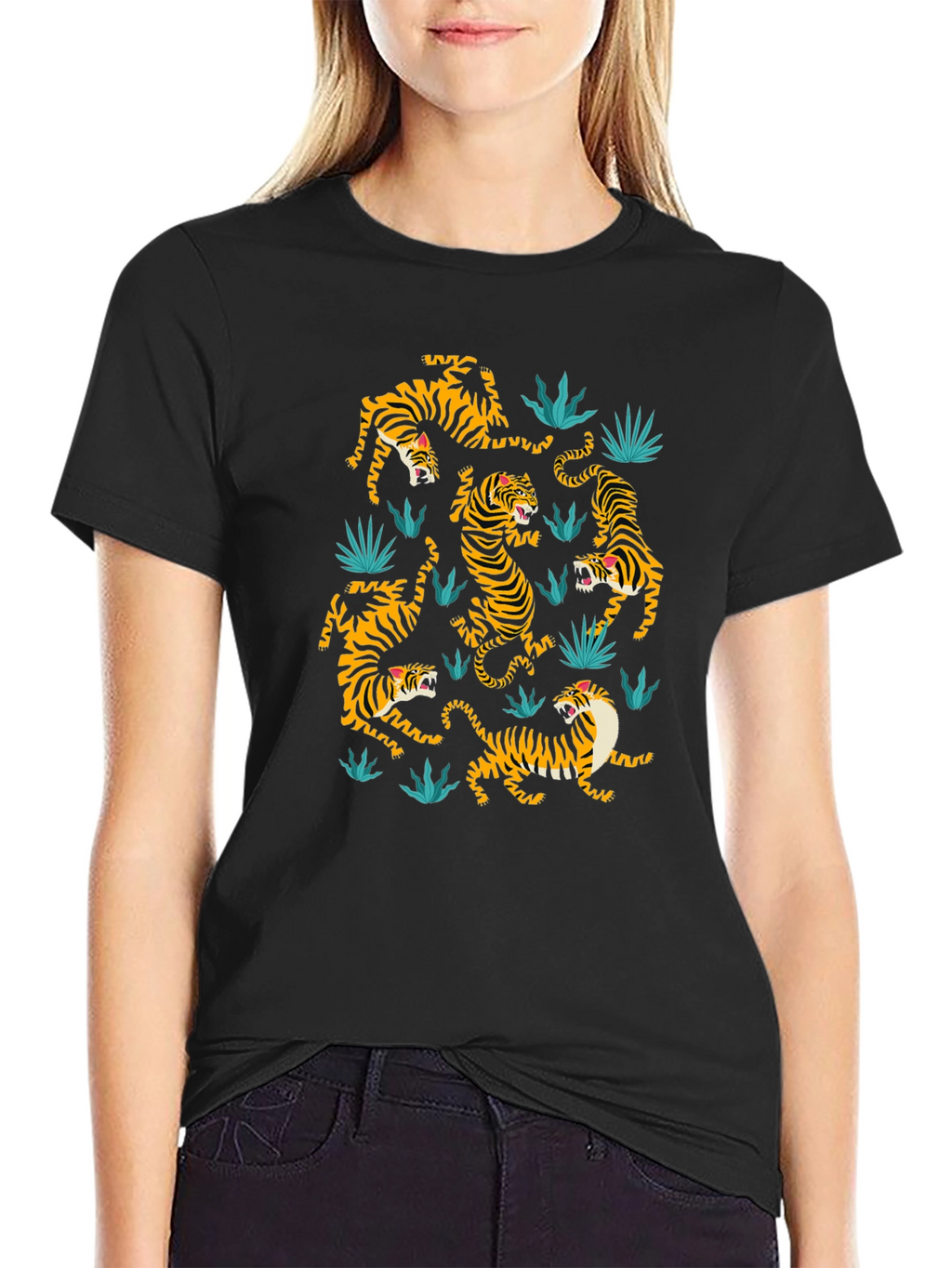 Tiger Pattern Graphic Print Black T-shirt
