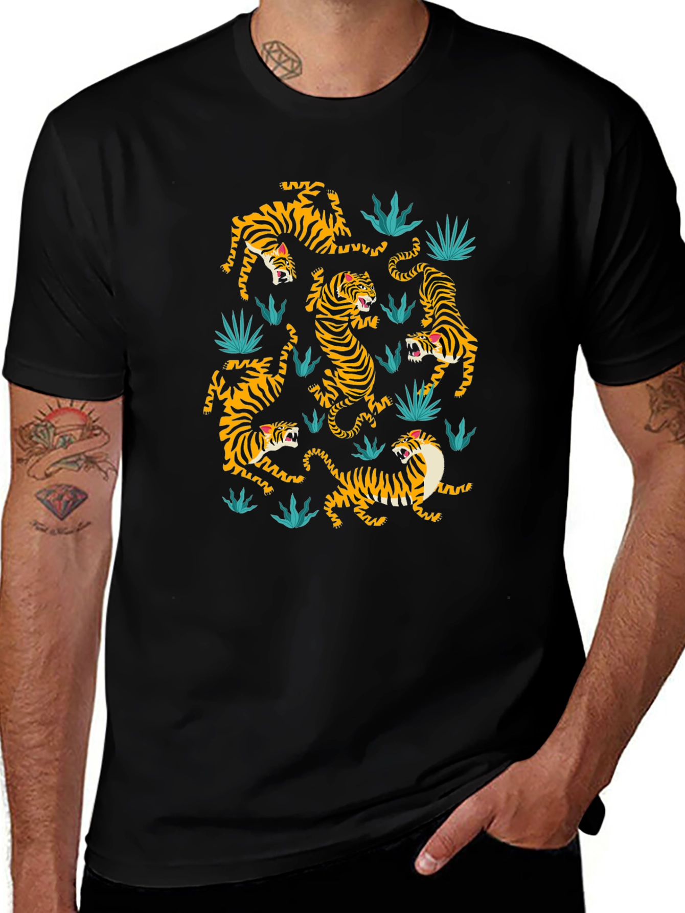 Tiger Pattern Graphic Print Black T-shirt