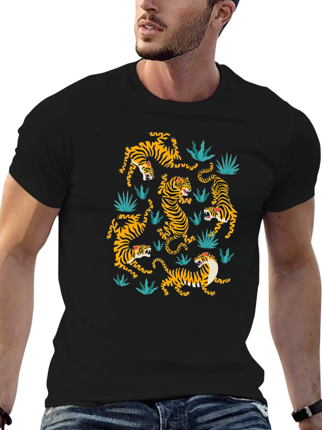 Tiger Pattern Graphic Print Black T-shirt