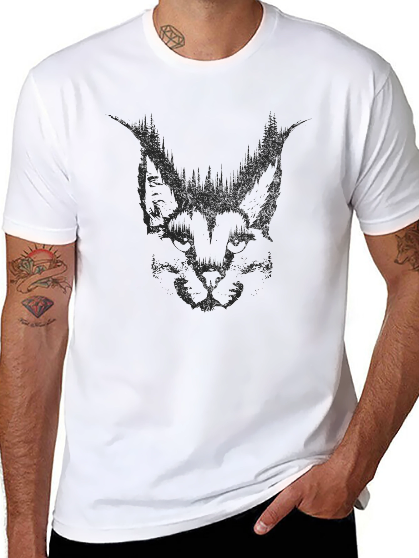 Mens Black Graphic Tee - Abstract Cat Design