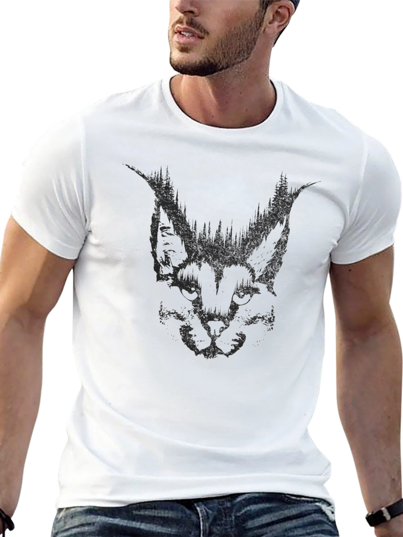 Mens Black Graphic Tee - Abstract Cat Design